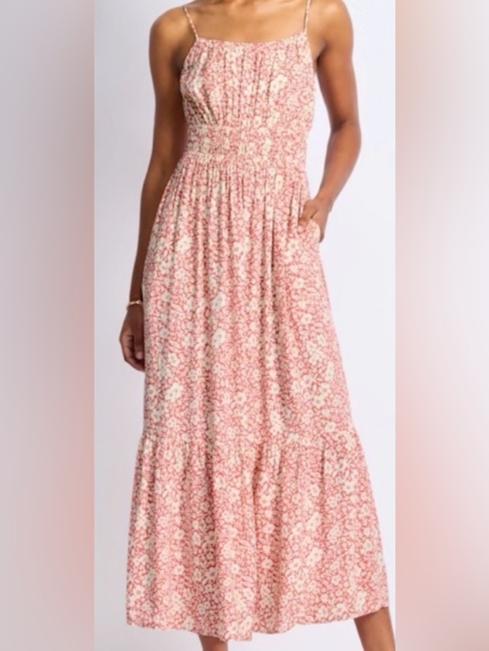 Floral Pink Maxi Dress with Smocked Waist and Pockets